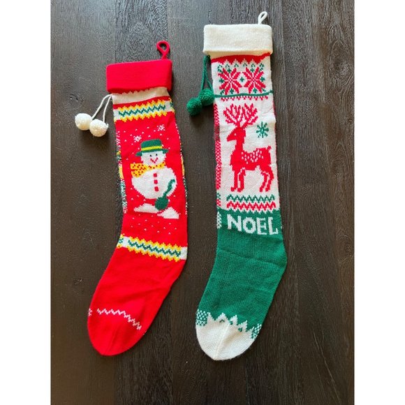 Knit Christmas Stockings Set Of Two Snowman & Reindeer Design Pom Pom Vintage - Picture 1 of 2